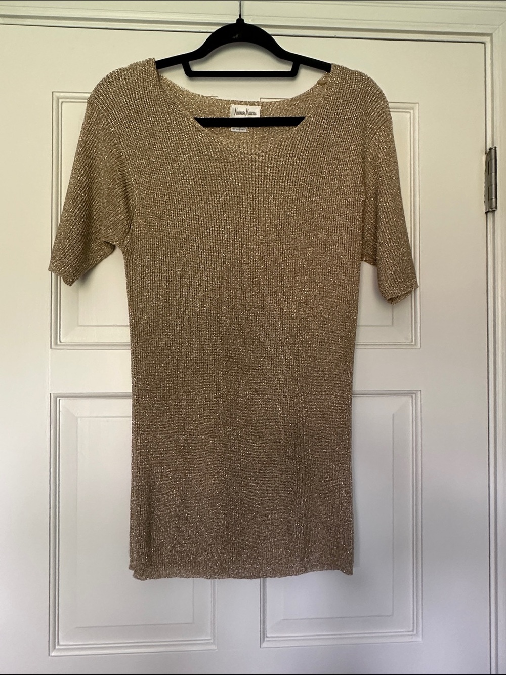 Vintage Neiman Marcus Gold Metallic Short Sleeved Ribbed Knit Sweater Size Small